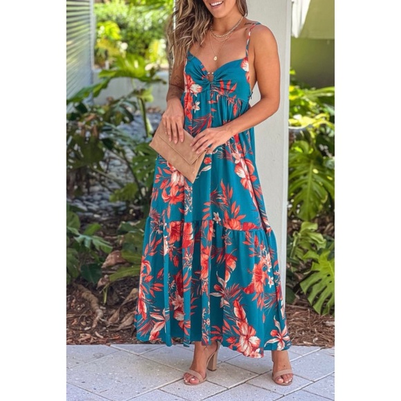 Floral Teal Maxi Dress - Picture 1 of 6